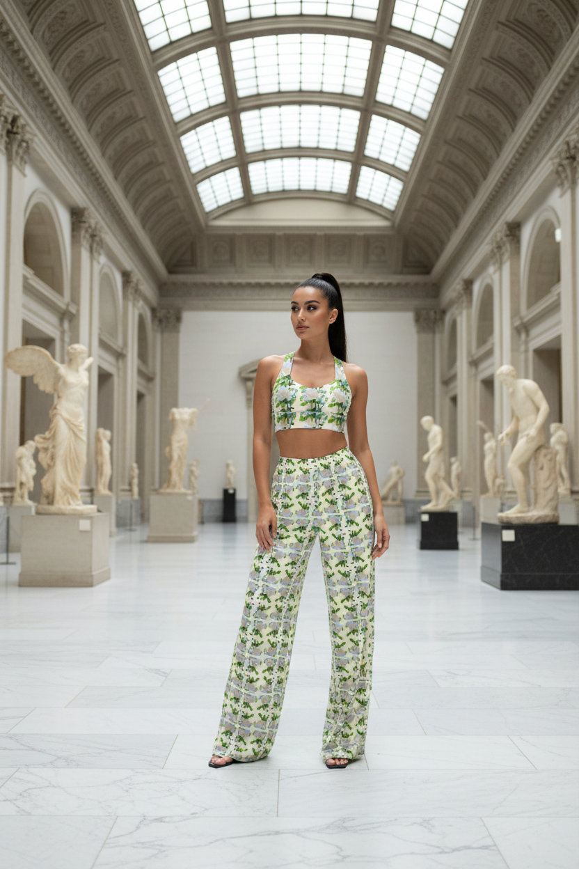 Model in wide leg pants and sports bra