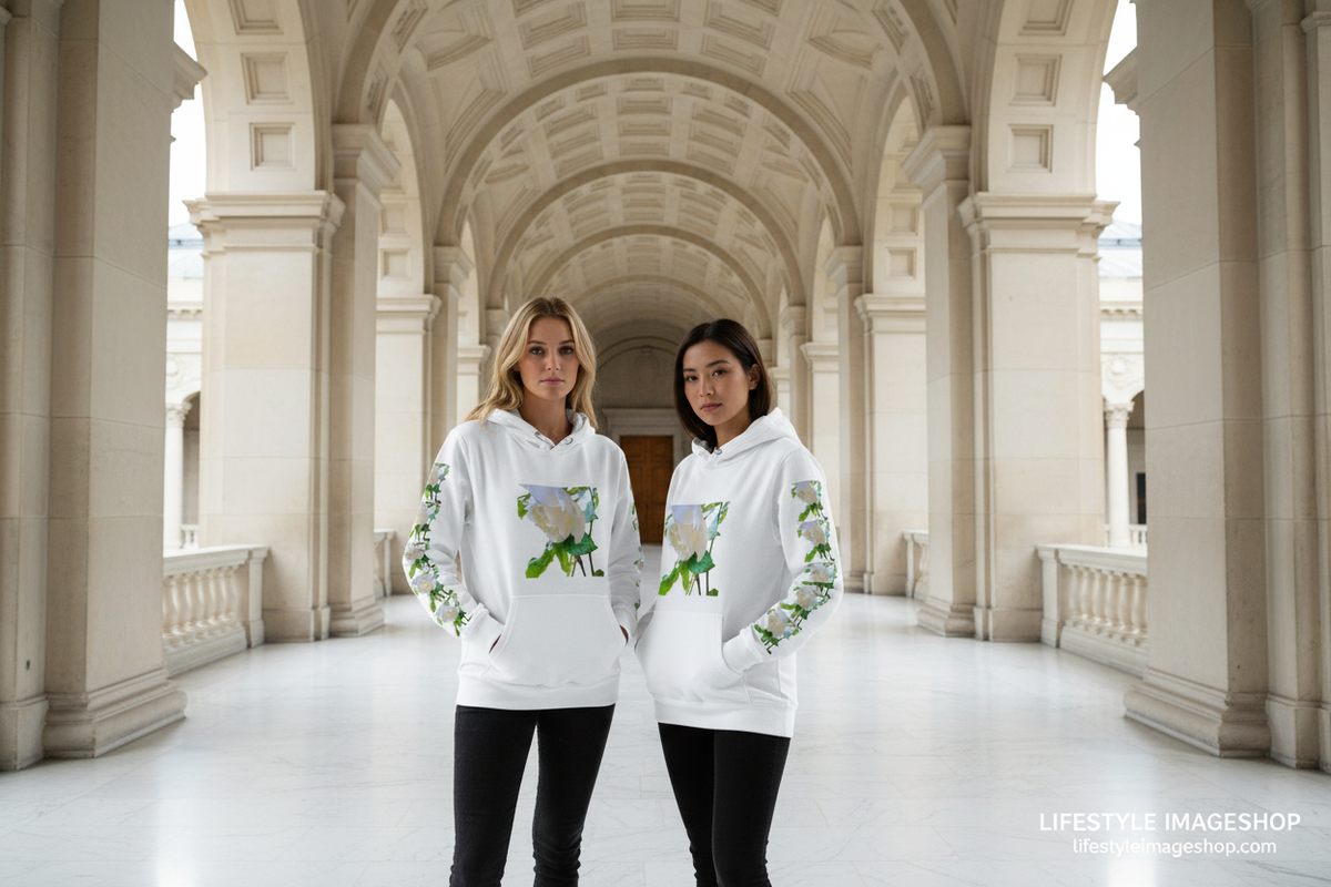 Two Female Models - White Rose Hoodie in Museum Breezeway